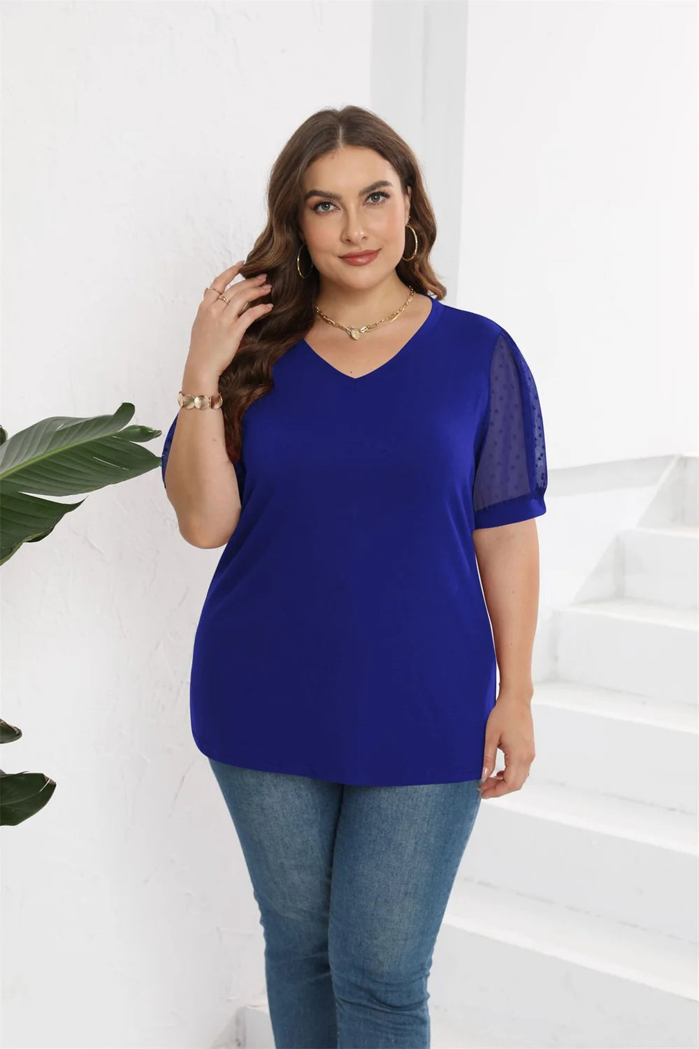 GIBSIE Plus Size Solid V-neck Swiss Dot Puff Short Sleeve T Shirt Women 2023 Fashion Summer Loose Casual Female T-Shirts Tops