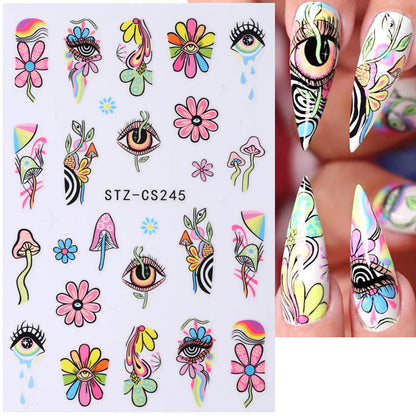 3D Nail Stickers Eyes Mushroom Flower Sliders for Nails Designs Rainbow Abstract Nail Art Adhesive Decals  Decoration STZCS240