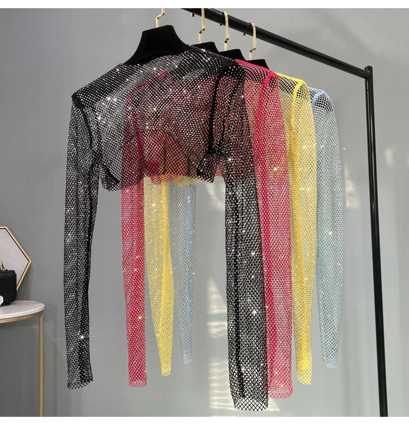 Summer Thin Color Diamond Half Top, Net Diamond, Sunscreen, Long-sleeved Camisole, Glittering Party, Skirt and Blouse