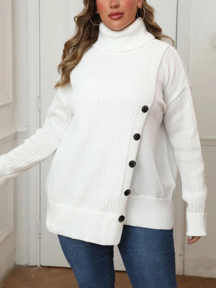 GIBSIE Plus Size Women's Turtleneck Sweater Autumn Winter Drop Shoulder Button Casual Warm Pullover Female White Knitted Jumper