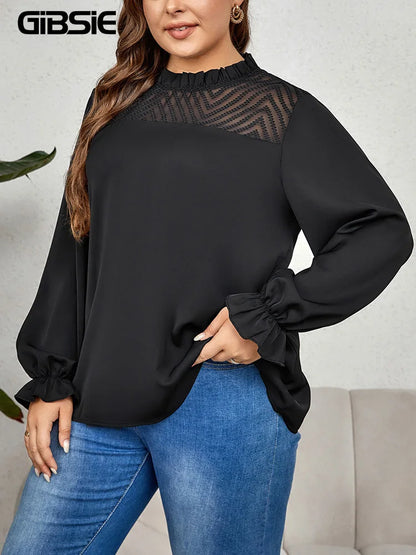 GIBSIE Plus Size Black Frill Neck Contrast Mesh Keyhole Back Blouse Women Spring Fall Elegant Long Sleeve Work Office Shirt Tops