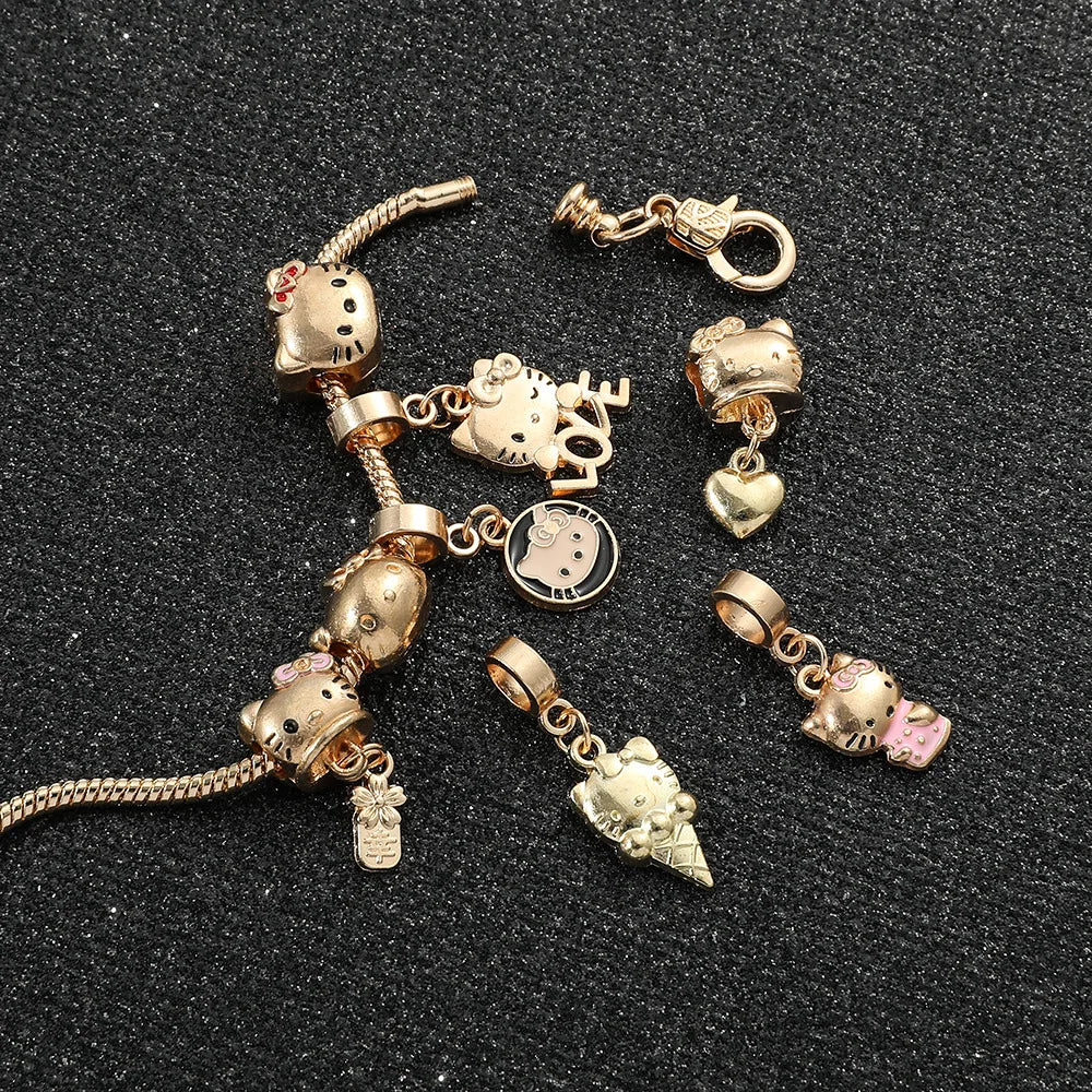 Hello Kitty Gold Plated Bracelets With Charms for Women High Quality Fashion Jewelry for Girl Kawaii Sanrio Party Gifts