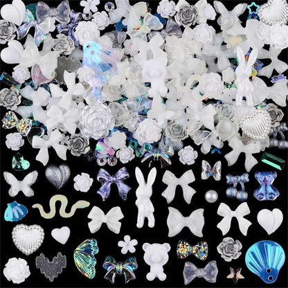 50PCS Mixed Kawaii Resin Nail Art Charms 3D Flower Bow Animals Rhinestones Nail Decorations DIY Manicure Professional Supplies