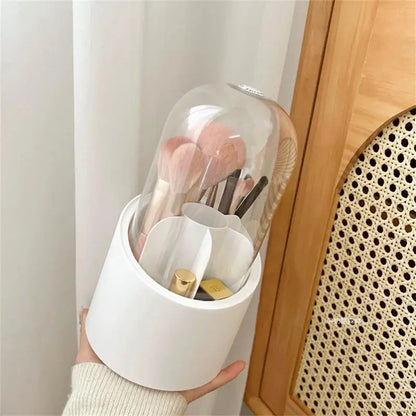 Desktop Makeup Brush Storage Bucket Cup Holder With Lid Rotating Makeup Lipstick Cosmetic Storage Box Organizer Tube Transparent