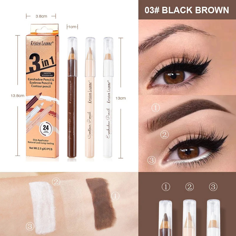 3pcs White Eyeshadow Eyebrow Contour Concealer Wooden Pencil Set Durable Waterproof Matte Nude Brown Eye Shadow Liner Makeup Kit