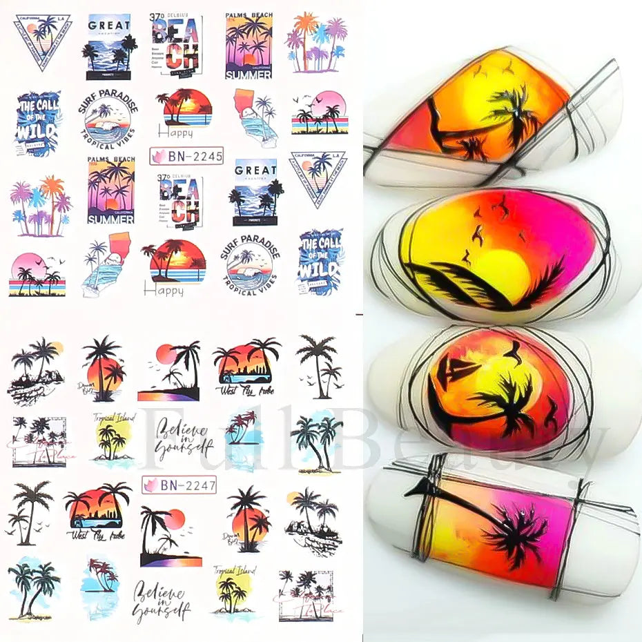 Palm Coconut Tree Summer Theme Nail Water Stickers Leaf Sea Sunset Tropical Style Water Transfer Decals Holiday Manicure Tattoos