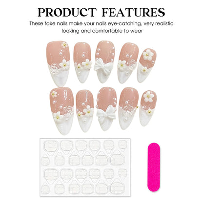 Almond False Nails French Style Handmade White 3D Bowknot Flower Pearl Press On Nail Full Cover Artificial Manicure Nail Tip Art