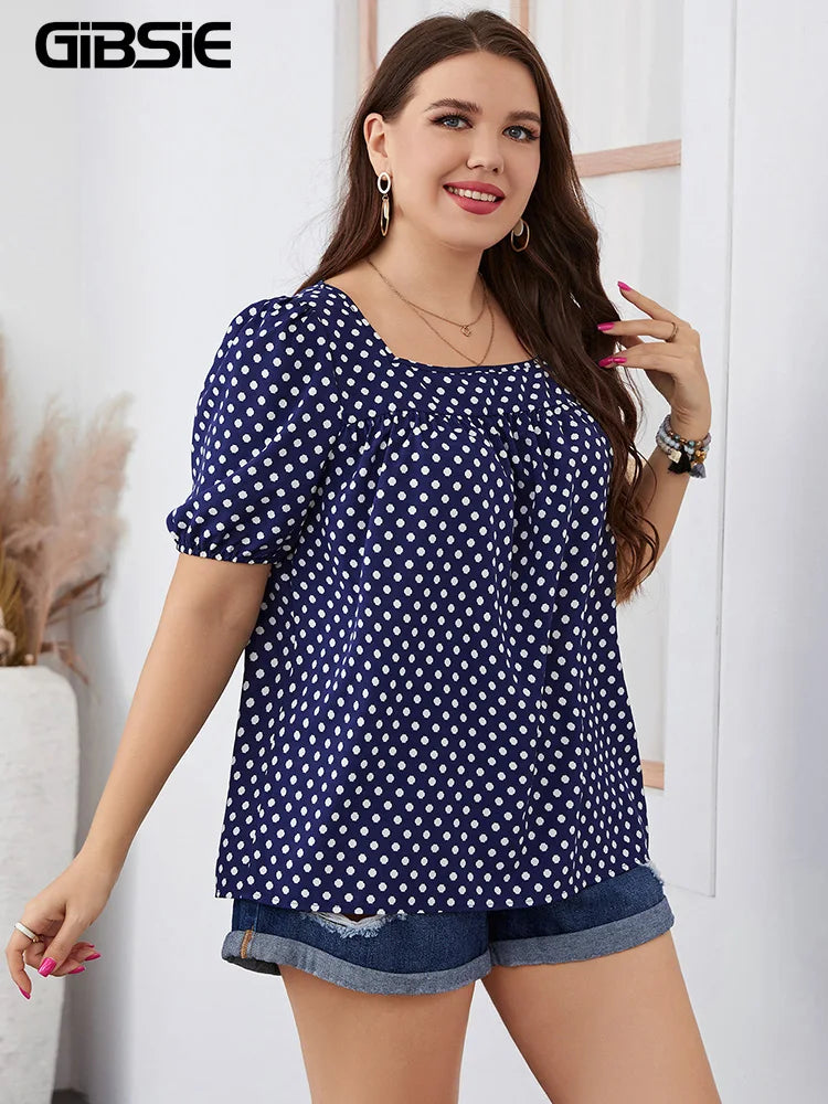 GIBSIE Plus Size Polka Dot Square Neck Puff Sleeve Top Blouse Women Boho 2024 Summer Korean Fashion Loose Blouses 3XL 4XL