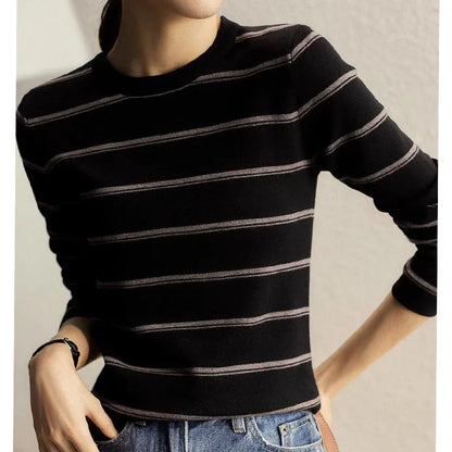 New Autumn and Winter Fashion Retro Contrast Stripe Round Neck Versatile Slim and Simple Women's Knitted Long Sleeve Sweater