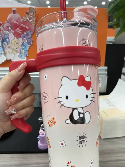 1200ml Sanrio Thermos Bottle Cute Hello Kitty Kuromi Cinnamoroll Melody Cartoon Large Capacity Straw Stainless Steel Bottle Gift