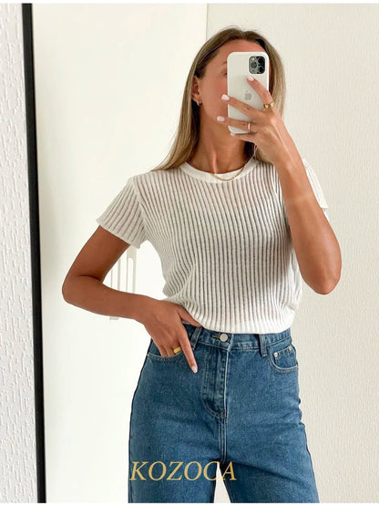 Kozoca 100% Wool Chic White Elegant Striped See Through Women Tops Outfits Short Sleeve T-Shirts Tees Skinny Club Party Clothes