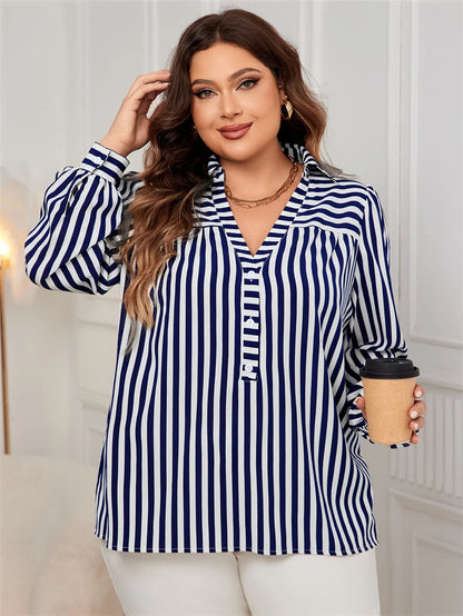 GIBSIE Plus Size Blue And White Striped Shirt Woemn Autumn New Polo Collar Long Sleeve Button Front Casual Loose Blouses Tops