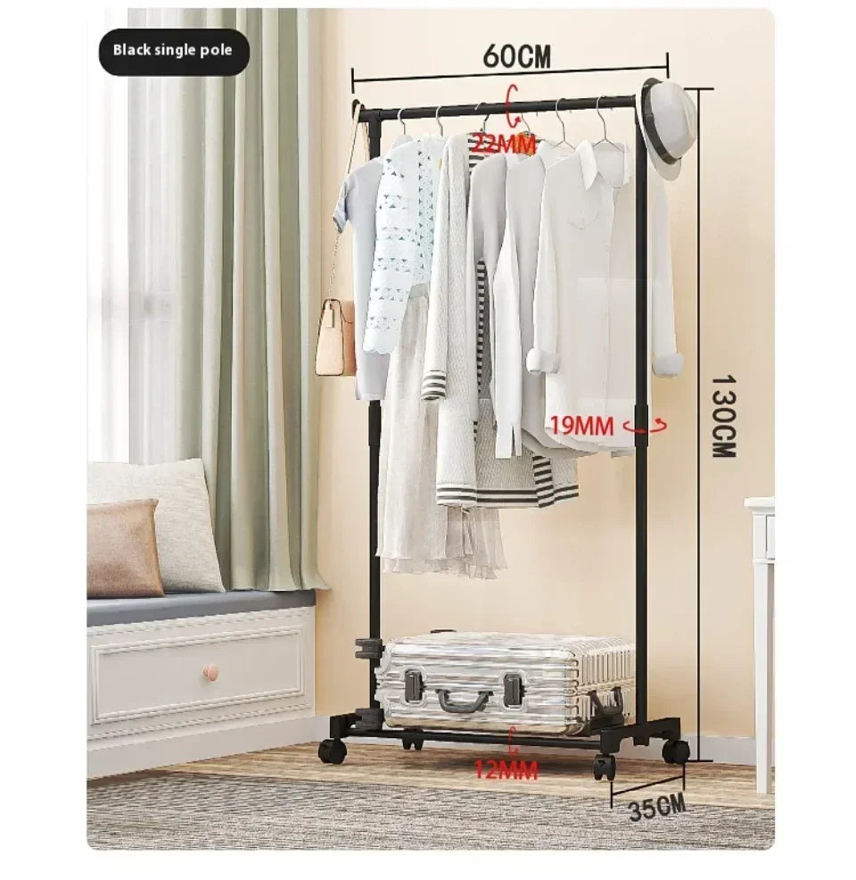 Coat Rack Movable Double Clothes Shelf Simple Rod Clothes  Floor-Standing Bedroom Telescopic Floor Hangers Storage Coat Rack