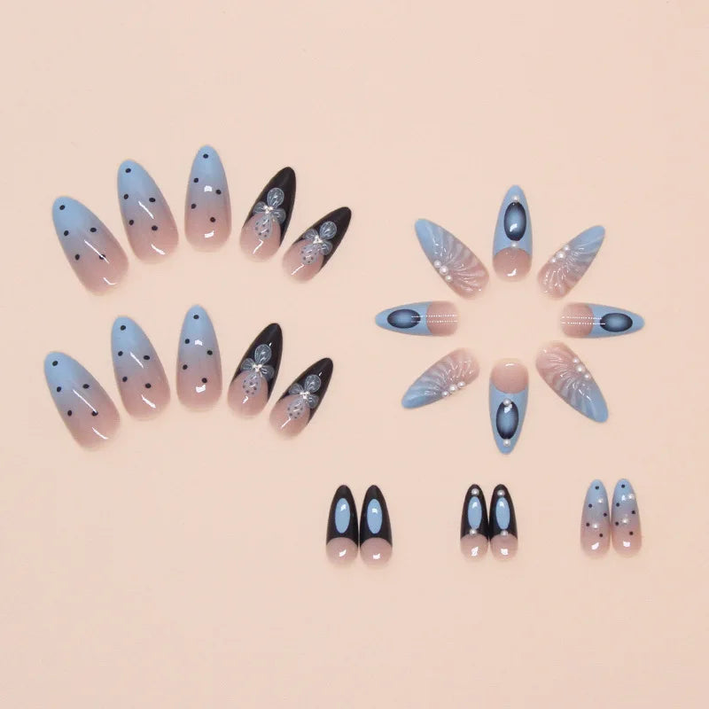 24pcs Blue Long Stiletto Fake Nails Pearl Press on Nails Bright Hot Girl Fake Nails with 3D Seashell Flower Full Over Nail Tips