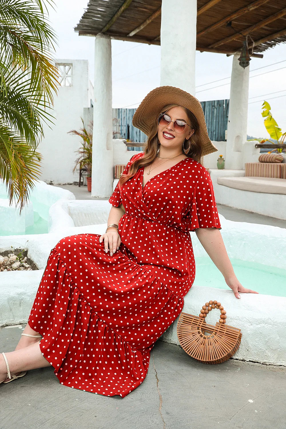 GIBSIE Plus Size Polka Dot V-Neck Butterfly Sleeve Dress Women Summer 2024 Holiday Beach Vintage Ruffle Hem Maxi Long Dresses