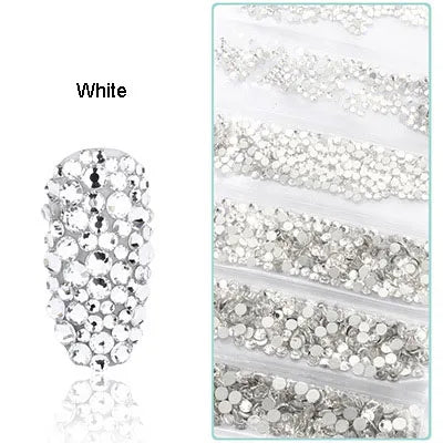 1728 Pcs/bag SS4-SS12 6-Sizes Mixed Round Nail Drill Adhesive Flat-bottomed Crystal Glass Mobile Phone Case Iron Diamond Mater