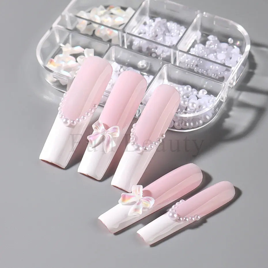 6 Grids Pink Ribbon Bow Mixed Flat Bottom Pearl Nail Charms Decorations 3D Resin Flower Design DIY Korean Manicure Nails Parts