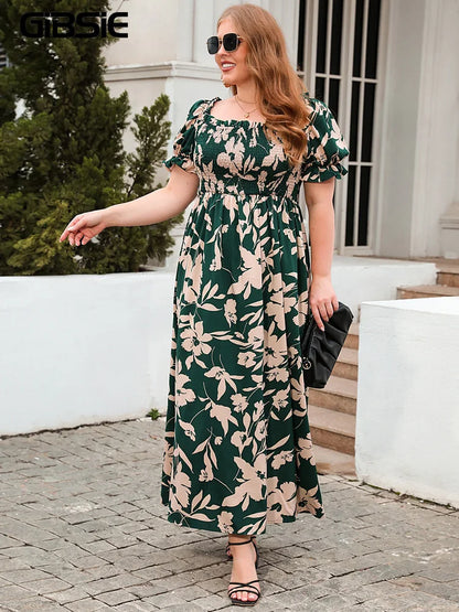 GIBSIE Plus Size Square Neck Floral Print Puff Sleeve Dress Women Summer 2024 Vacation Beach Bohemian Swing Long Maxi Dresses