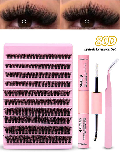 DIY Eyelash Extension Kit 200pcs Individual Lashes Cluster 80D, 8-16mm Mix Lash Clusters with Lash Bond and Seal and Tweezers