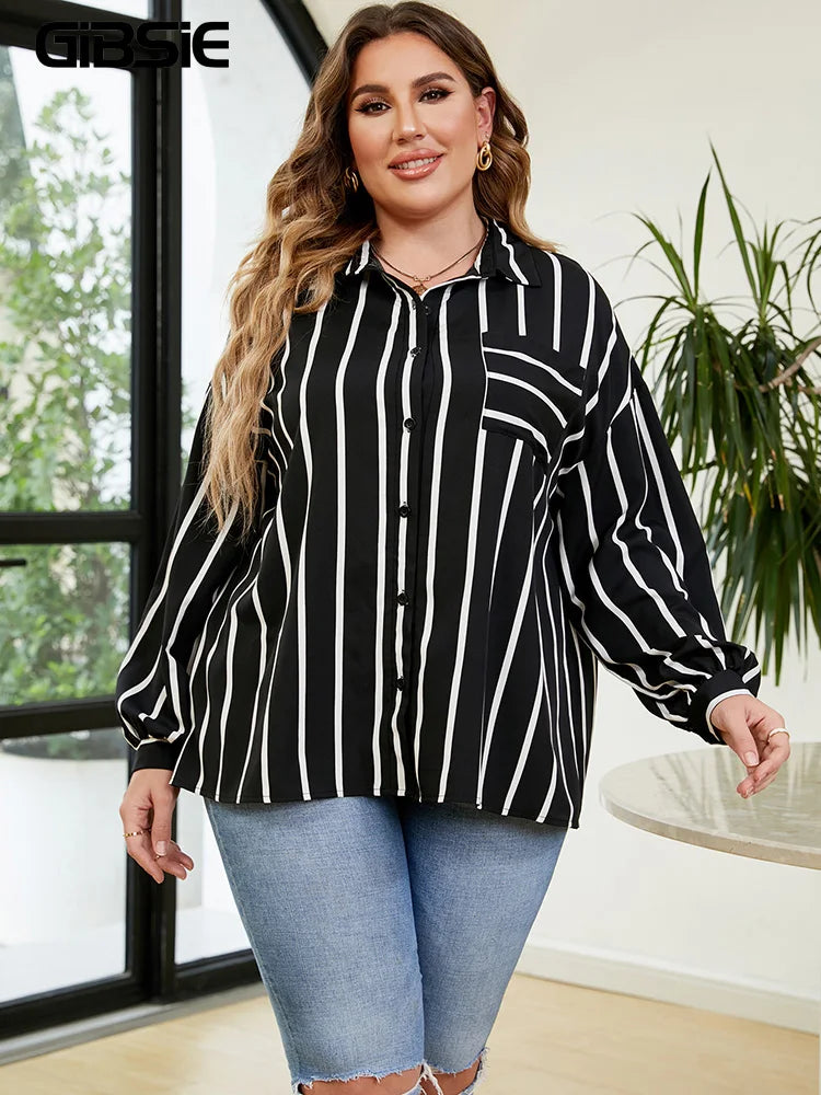 GIBSIE Plus Size Women Shirt 2023 Striped Long Sleeve Button Up Blouse Big Size Women Spring Fall Casual Korean Shirt Tops