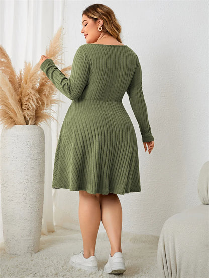 GIBSIE Plus Size Sweettheart Neck Knot Front A-Line Dress Women Fall New Vintage Long Sleeve Ribbed Knit Casual Winter Dresses