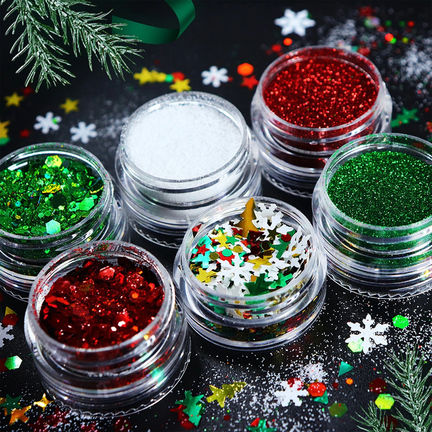 6pcs/set Christmas White Sequins Nail Art Glitter Powder Mermaid Dust Small Flakes Decorations For DIY Nails Glitters