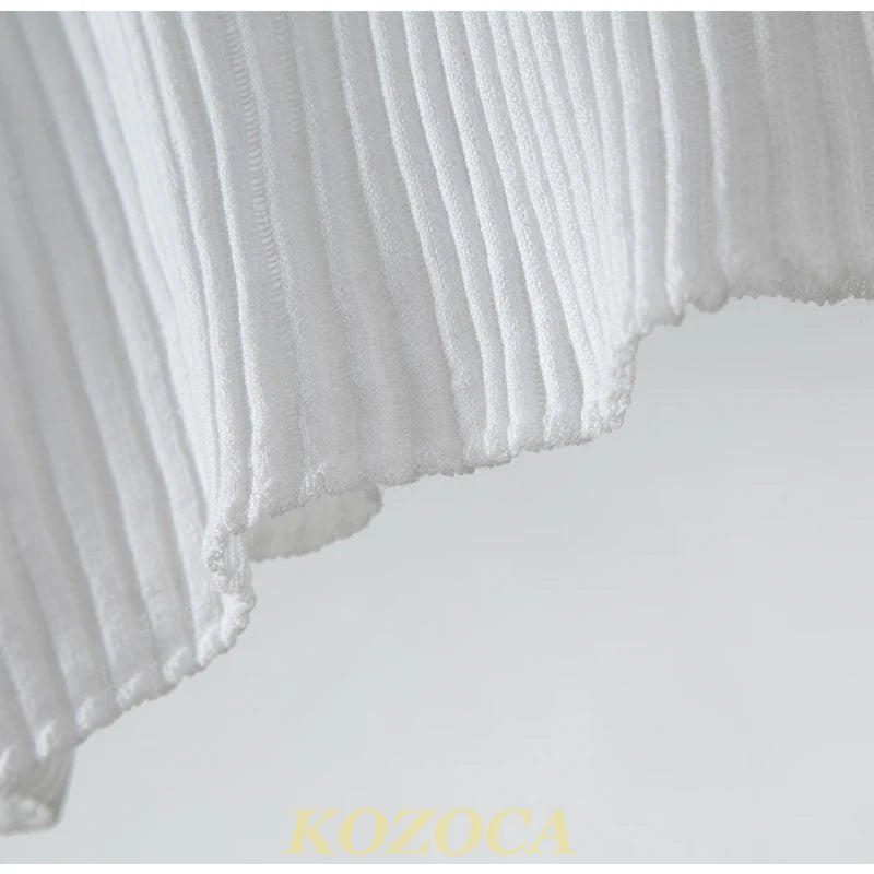 Kozoca 100% Wool Chic White Elegant Striped See Through Women Tops Outfits Short Sleeve T-Shirts Tees Skinny Club Party Clothes