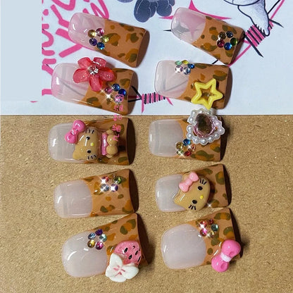 Kawaii Duck-bill Shape French Press on Nails Hello Kitty Leopard Print Hawaiian Black Bark KT Handmade Full Cover Nail Tips Gift