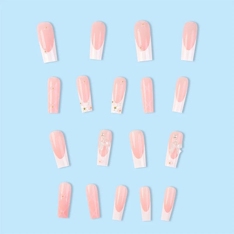 24Pcs Bowknot French Square False Nails Cute With Flower Design Simple Wearable Fake Nails DIY Decoration Press On Nail Tips Art