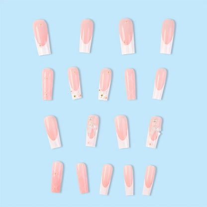 24Pcs Bowknot French Square False Nails Cute With Flower Design Simple Wearable Fake Nails DIY Decoration Press On Nail Tips Art