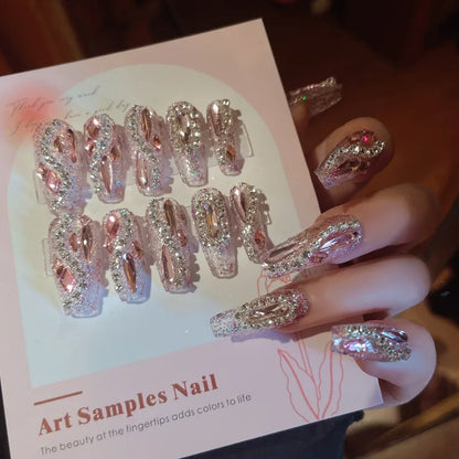 24pcs Luxury Handmade Nail Art Glossy Long Ballet Fake Nails Full Rhinestone Press On Nails Y2K False Nails For Women Girl Party