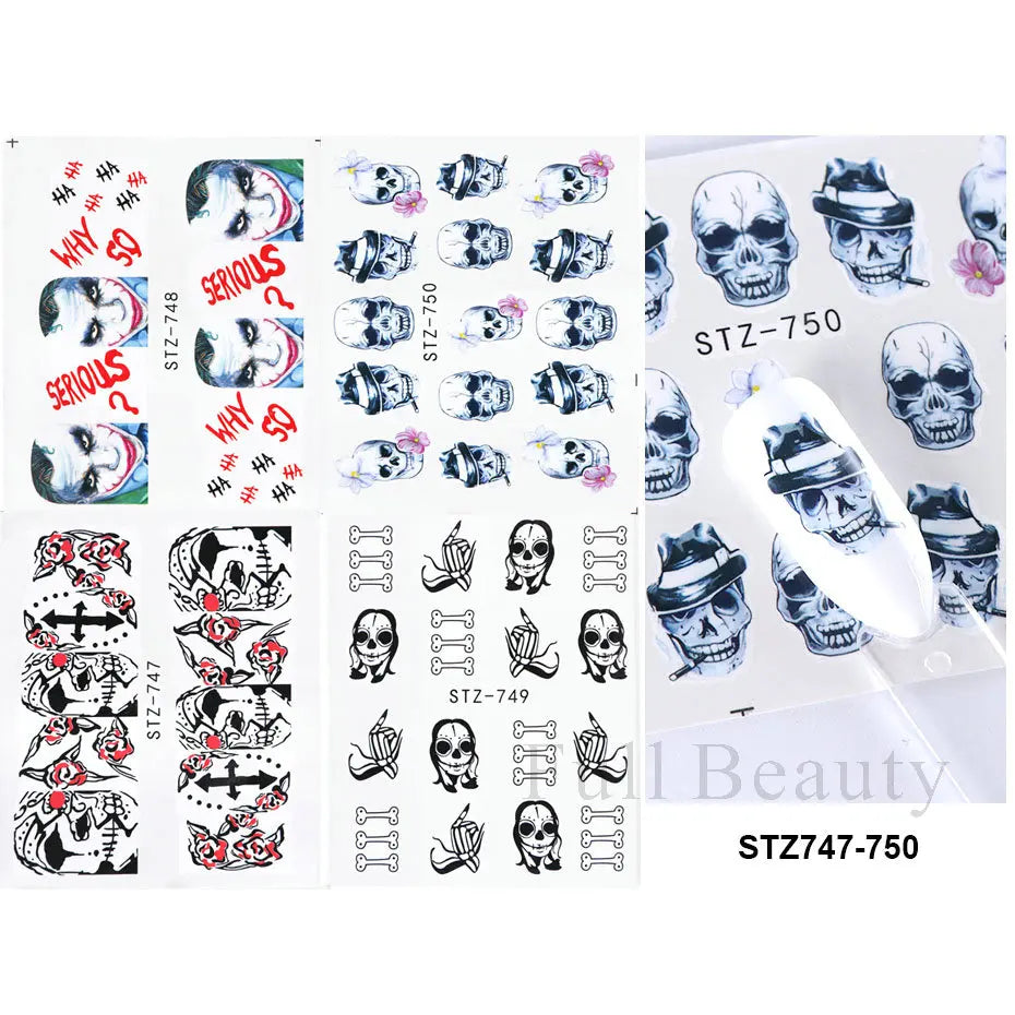 4pcs Clown Skull Bone Nail Stickers Cute Anime Sliders Halloween Water Decals Nail Art Decorations Manicure Wraps LASTZ735-738