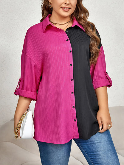 GIBSIE Plus Size Drop Shoulder Roll up Long Sleeve Shirt Women 2023 Spring Fall Colorblock Loose Casual Button Down Blouses Tops