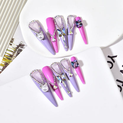 10Pcs Handmade Purple Design False Nails Extra Long Pointy Press on Nails Rhinestone Wearable Fake Nails Party Drama Finger Nail