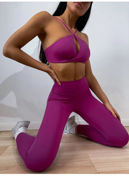 CUTIES Wrap Front Fitness Yoga Set Women Luxury Scrunch Booty Leggings Workout Clother Purple Sport Bra Gym Sport Suit Tracksuit