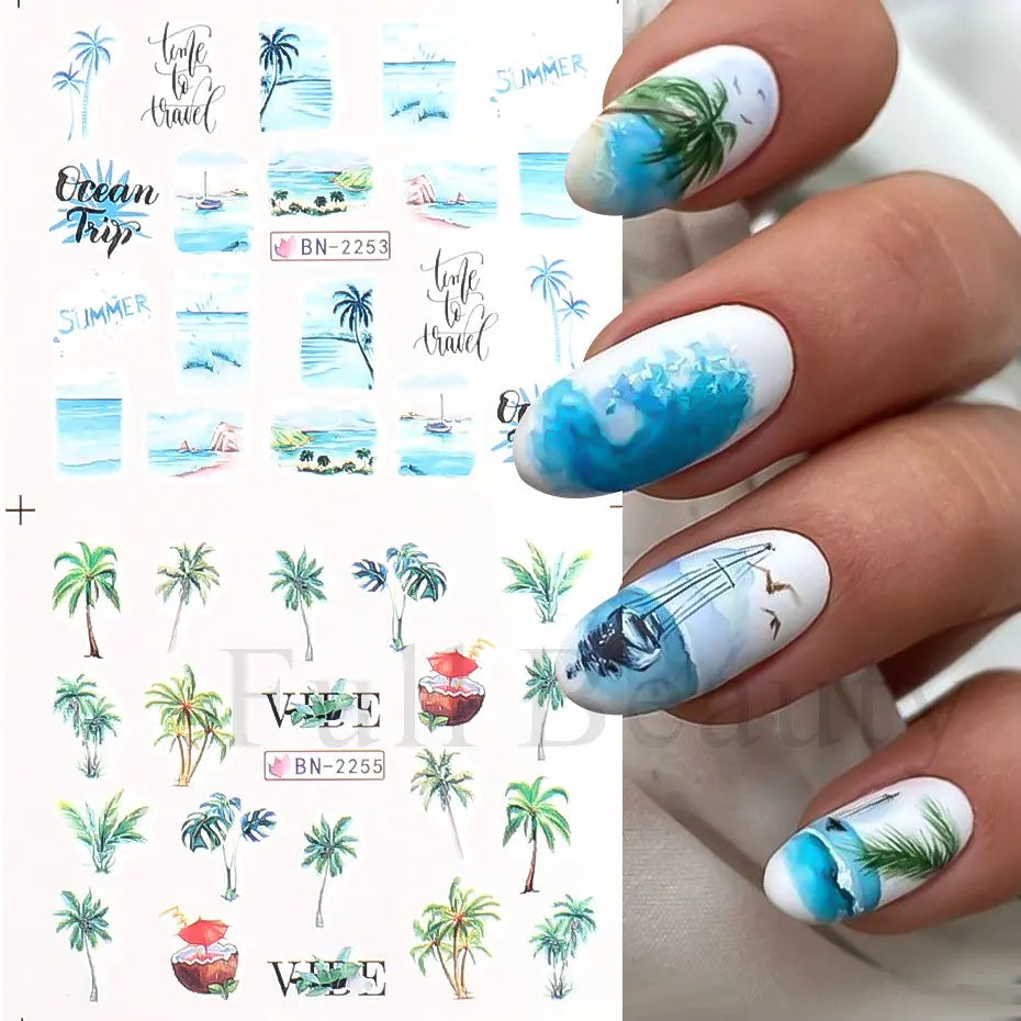 Palm Coconut Tree Summer Theme Nail Water Stickers Leaf Sea Sunset Tropical Style Water Transfer Decals Holiday Manicure Tattoos