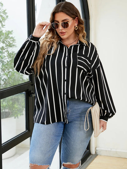 GIBSIE Plus Size Women Shirt 2023 Striped Long Sleeve Button Up Blouse Big Size Women Spring Fall Casual Korean Shirt Tops