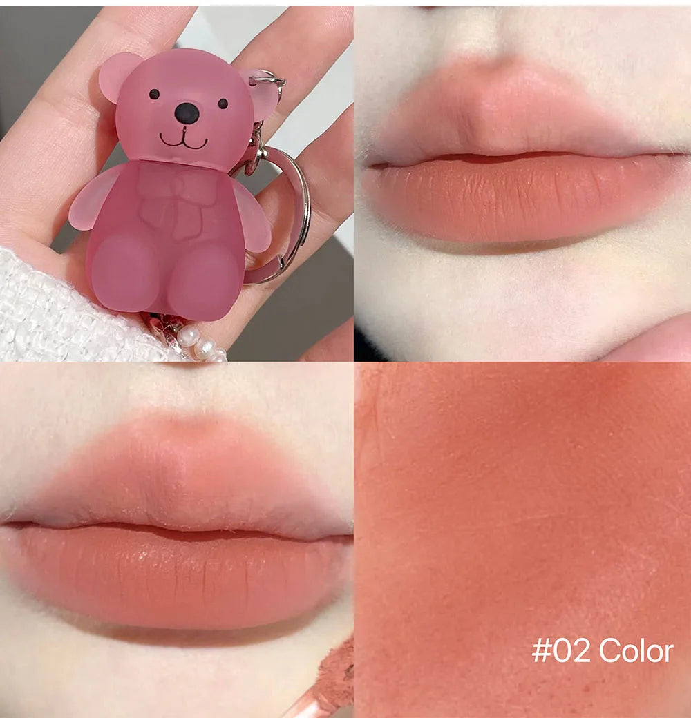 Cute Bear Keychain Lip Mud Matte Velvet Mousse Grey Pink Lipstick Waterproof Long Lasting Non-Stick Cup LipGloss Korean Cosmetic