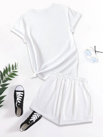 Letter Print Two Piece Set, Short Sleeve T-shirt & Shorts, Women's Clothing