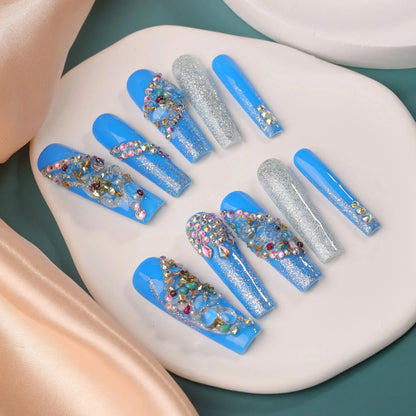 10Pcs Bright Blue False Nails Shimmer Super Long Coffin Press on Nails Butterfly Wearable Fake Nails Party Drama Finger Nail