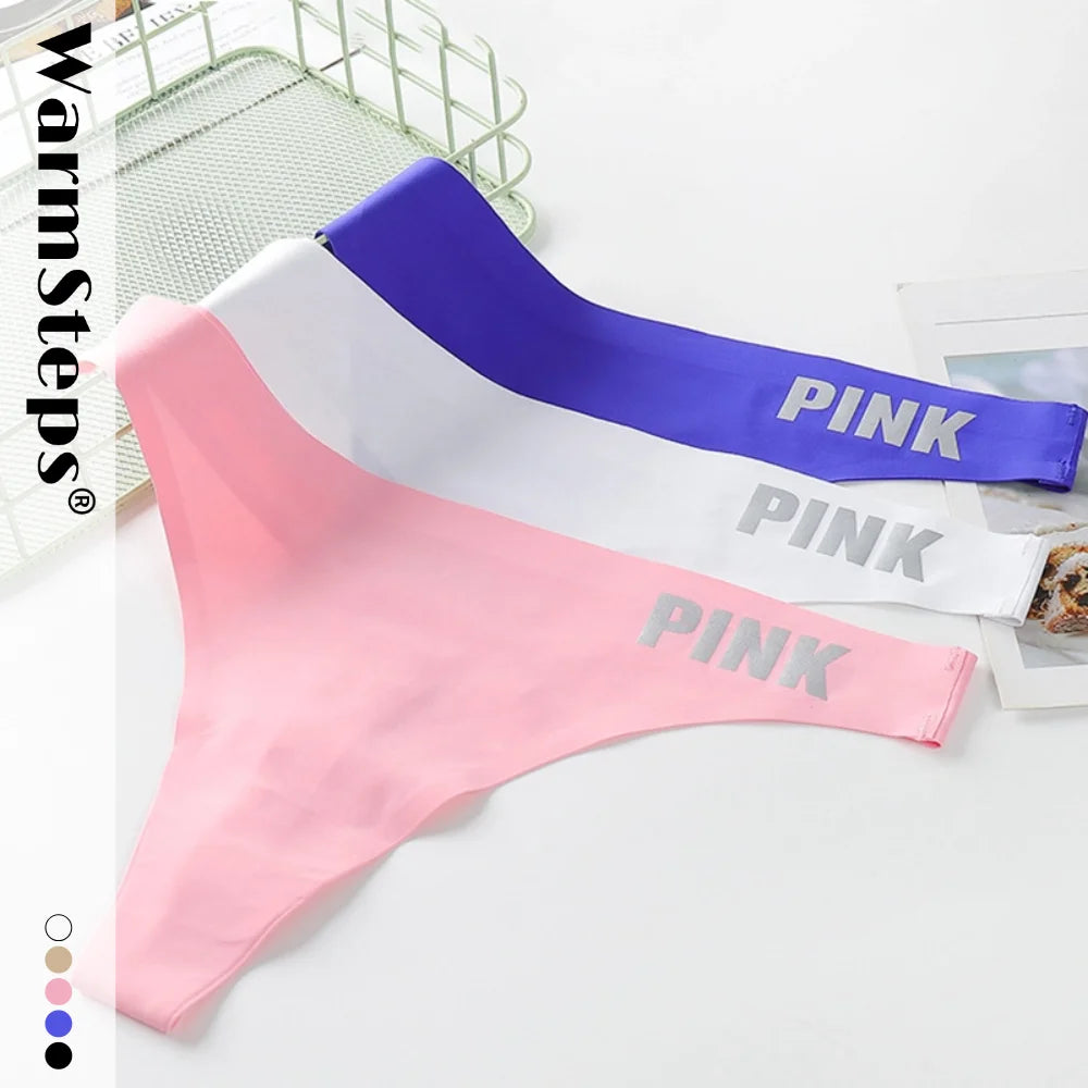 WarmSteps Fashion PINK Letter Female Underwear Hot Sale Sexy Bikini Women's Panties Thongs Stain Seamless Ice Silk Briefs T-Back