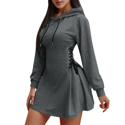 Women Tie Waist Mini Dress Hoodies V Neck Long Sleeves Slim Fit Hoodies Sweatshirts Ladies Fashion Long Solid Drawstring Hoodies