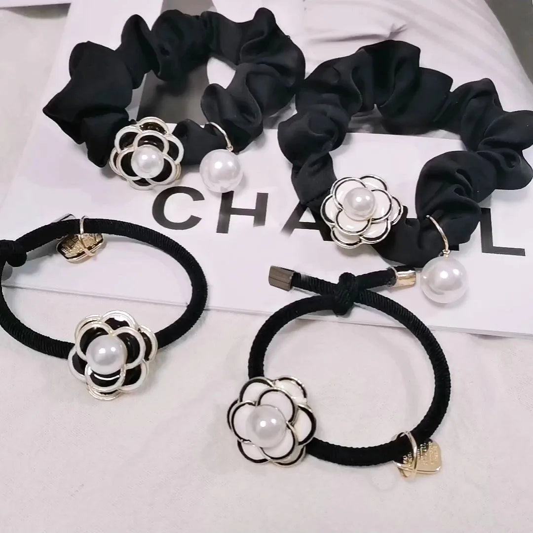 luxury brand Black camellia pearl hair rope female Korean headband hair ties frozen accessories for girls fashion accessory