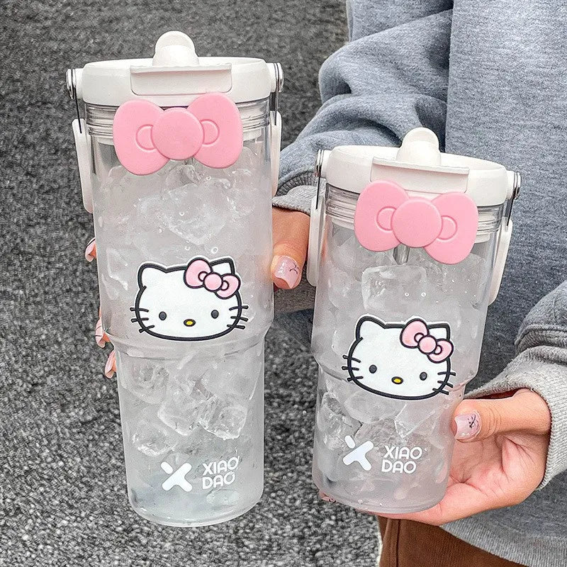 600-900ML Sanrio Large Capacity Plastic Water Cup Hello Kitty Portable Beverage Bottle Outdoor Fitness Sports Straw Cup