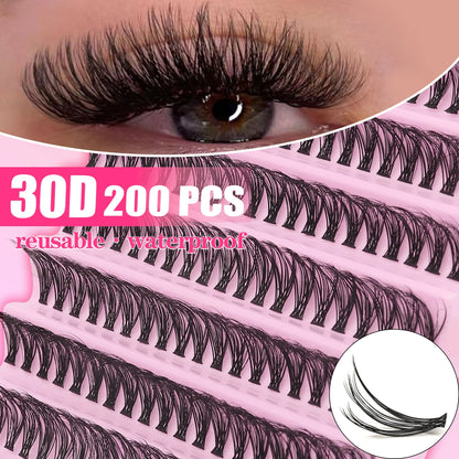 200pcs 30D Cluster False Eyelashes Set, DIY Eyelash Extensions, 0.05mm Thickness, D Curl, Mixed Lengths 8-16mm,