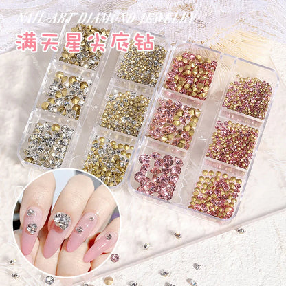 6 Grids/Box Crystal Broken Diamond Glass Nail Rhinestone AB Color Flat/Pointed Nail Gemstone Brilliant Nail Art Decoration Stone