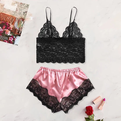 2024 Summer 2 Pcs Women's New Sexy Lace See-Through Pajamas Black Pink Cute Clothes Comfortable Breathable Suspender Shorts Set