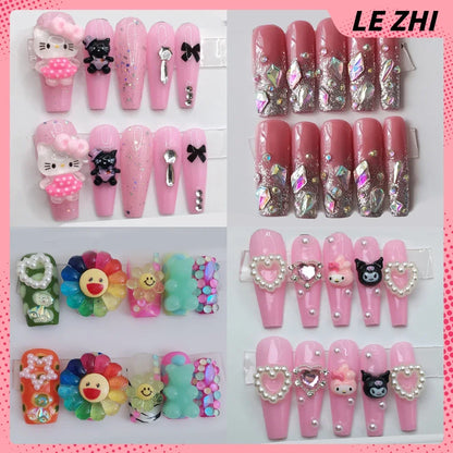 Handmade Press On Nails Hello Kitty Butterfly Rhinestones Full Cover Ballerina Manicuree Decoration Wearable Nail Party Sticker