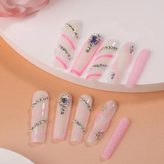 10Pcs Neon Pink False Nails 3D Flower Super Long Coffin Blending Press on Nails Rhinestone Wearable Fake Nails Finger Nail