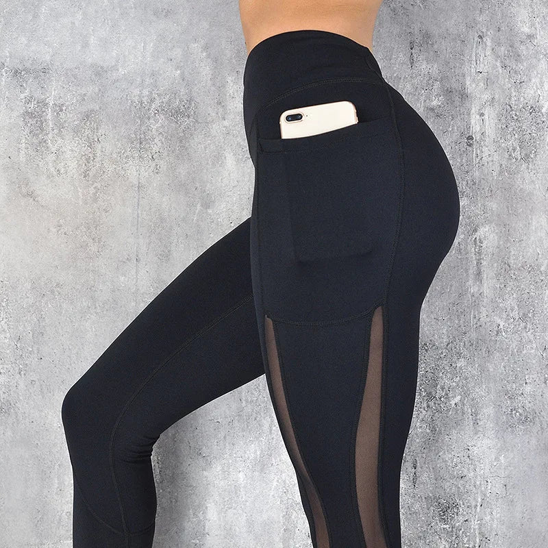 Pockets Mesh Leggings Stretchy Fitness Running High Waist Yoga Pants Women Sports GYM Legging Workout Leggins Fashion Sportwear